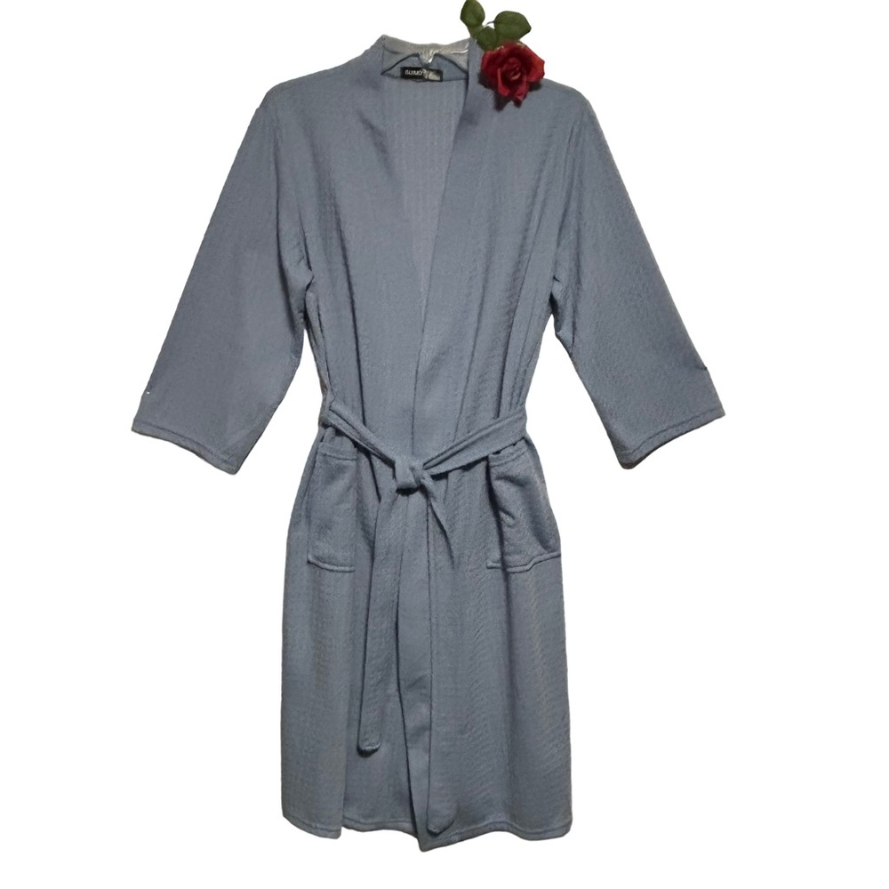 Suimo Square Waffle Wrap Robe Light Blue 3/4 Sleeves W/ belt XL LIKE NEW